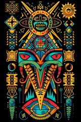 Fototapeta premium Vibrant Polynesian Inspired Tattoo Design with Tribal Motifs and Symbolic Creatures on Black Canvas