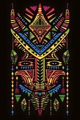 Obraz premium Vibrant Polynesian Inspired Tribal Tattoo Design with Intricate Geometric Shapes and Bold Colorful Lines on Black Background