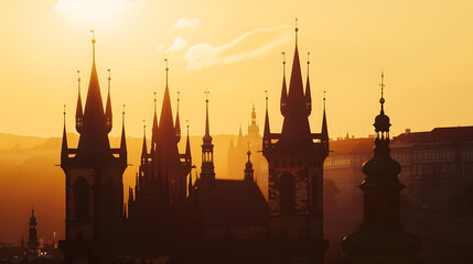 Fototapeta premium Silhouette of Pragues towers at dawn : Generative AI
