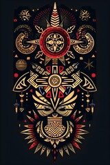 Vibrant Polynesian Inspired Tribal Tattoo Design with Nautical Motifs on Synthwave Background