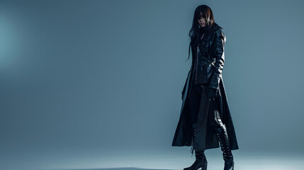 Full length portrait of beautiful girl wearing  dystopian vampire hunter costume  long black coat and leather boots  Standing walking pose  isolated on studio background : Generative AI