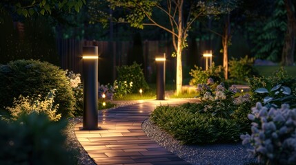 Fototapeta premium Panoramic Photo of LED Light Posts Illuminated Backyard Garden During Night Hours