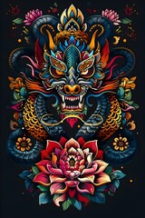 Fototapeta premium Vibrant Thai Inspired Tattoo Design with Mythical Naga Serpent and Sacred Lotus Motifs