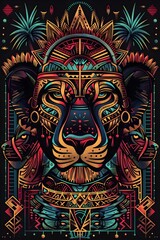 Obraz premium Vibrant Tribal Tiger Tattoo Design with African Inspired Symbols and Imagery