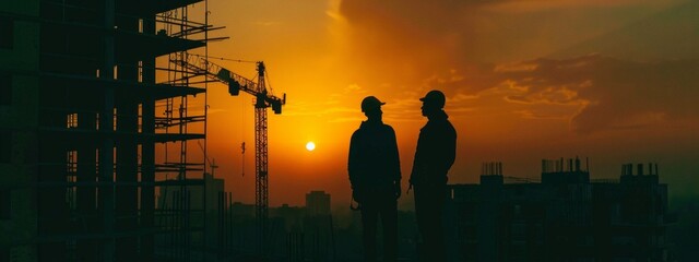 3d rendering of silhouette construction workers working on high building at sunset with yellow sky...