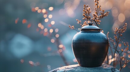 Close-up of a serene cremation urn for ashes, placed against a tranquil background, capturing the solemnity and peace