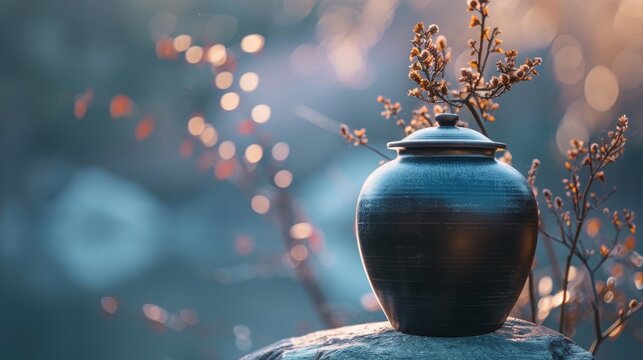 Close-up of a serene cremation urn for ashes, placed against a tranquil background, capturing the solemnity and peace