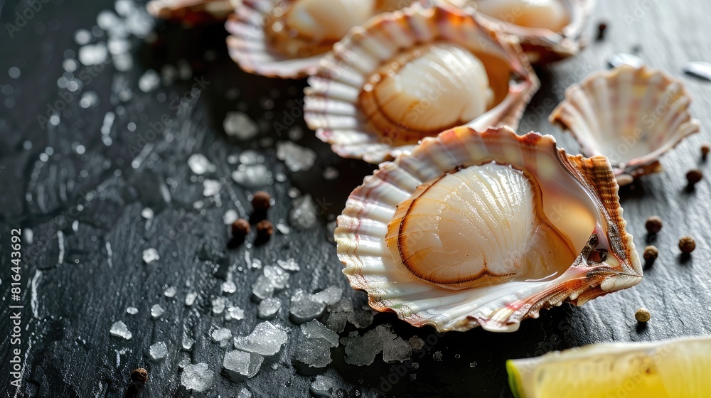 Poster close up of fresh raw scallops with shells on a textured black table