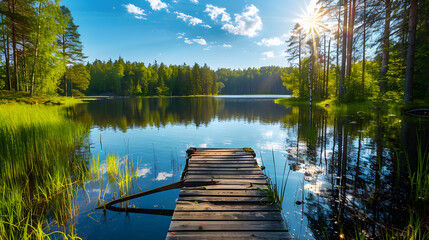 Beautiful summer landscape with lake and old wooden dock in forest on sunny day, bright blue sky with sun rays. Scandinavian nature background. Summer vacation concept