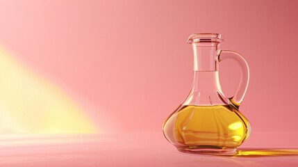 Photorealistic illustration of a glass olive oil container against a pink pastel background with copy space for text or logo, beautifully illuminated by studio lighting