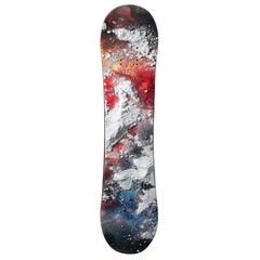 A snowboard with a colorful space-themed design.