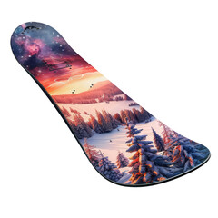 A snowboard with a beautiful winter landscape.