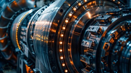 Fototapeta premium Close-up of a large steam turbine in a power plant, showcasing intricate mechanical details, perfect for advertising