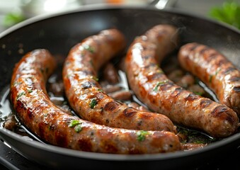Fototapeta premium Fried sausages in frying pan.