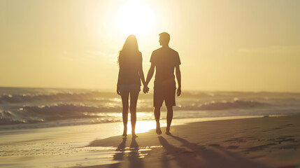 Silhouette of young couple holding hands and walking at beach : Generative AI
