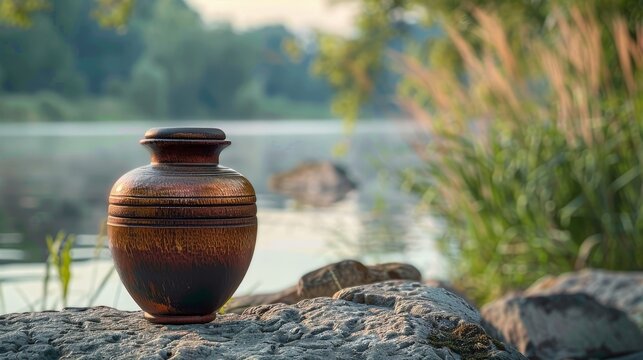 Close-up of a cremation urn placed against a serene and tranquil backdrop, focusing on the urn's solemn beauty and peaceful aura