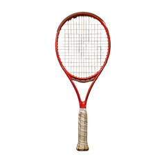 Red tennis racket isolated on black background