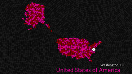 A map of United States of America is presented as a mosaic with a dark background, and the country's borders are outlined in the shape of a colorful mosaic, centered around the capital city.