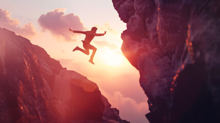 Man jumping on cliff 2024 over the precipice with stones at amazing sunset New Years concept 2023...