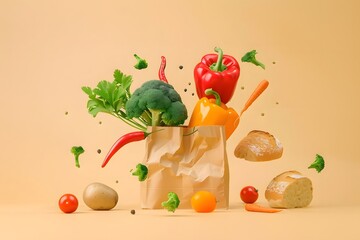 Concept of nutrient and vitamin rich vegetarian ingredients broccoli carrots and peppers in a paper bag