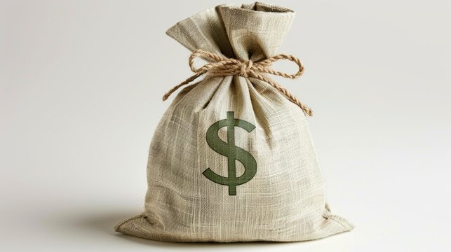 Close-up of a beige money bag tied with a green dollar sign, symbolizing wealth and finance, on an isolated background, studio lighting