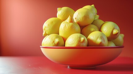 Photorealistic illustration of a bowl of lemons against a red pastel background with copy space for text or logo, beautifully illuminated by studio lighting 