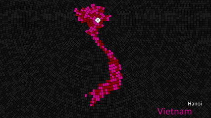 A map of Vietnam is presented as a mosaic with a dark background, and the country's borders are outlined in the shape of a colorful mosaic, centered around the capital city.