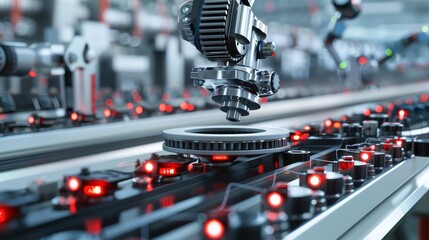 Close-up illustration of an industrial robot arm assembling components on an automated production line, showcasing high-tech factory precision