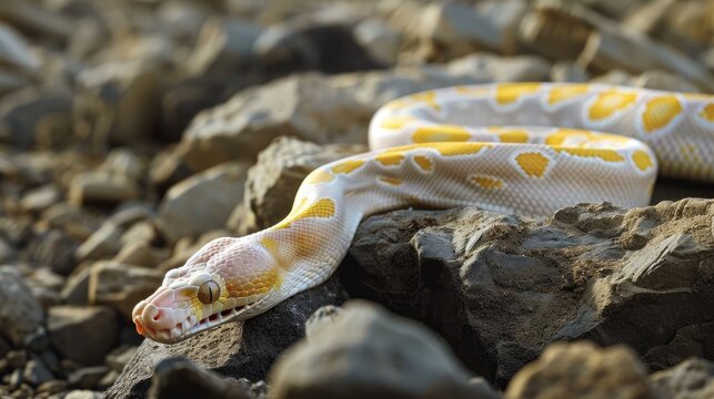Albino Burmese python navigating rocky terrain