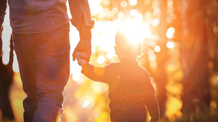 Little son dad hold hands close up in nature in sun Child father walk in park at sunset family trust concept Parent kid boy outing together Adoption of child Happy family teamwork Silh : Generative AI