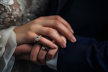 Groom holding bride's hand. with wedding ring