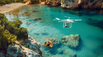 Quadcopter flies over turquoise water, bright image, photorealism, amazing detail, drone, landscape