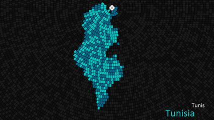 Obraz premium A map of Tunisia is presented as a mosaic with a dark background, and the country's borders are outlined in the shape of a colorful mosaic, centered around the capital city.