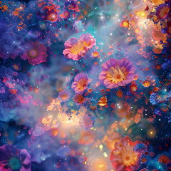 Fototapeta na wymiar 3D exploding cloud of bright flowers ,3D with shimmering glitter , abstract background with explosione, 3D magic in space 