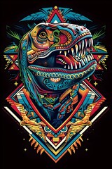 Fototapeta premium Tyrannosaurus Rex with Intricate Aztec Motifs on T Shirt