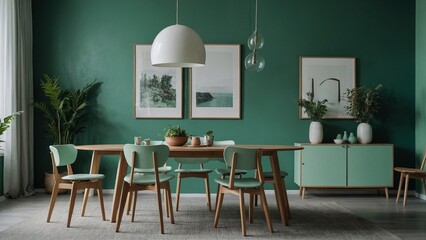 Mint color chairs at round wooden dining table in room with sofa and cabinet near green wall. Scandinavian, mid-century home interior design of modern living room