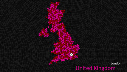 A map of United Kingdom is presented as a mosaic with a dark background, and the country's borders are outlined in the shape of a colorful mosaic, centered around the capital city.
