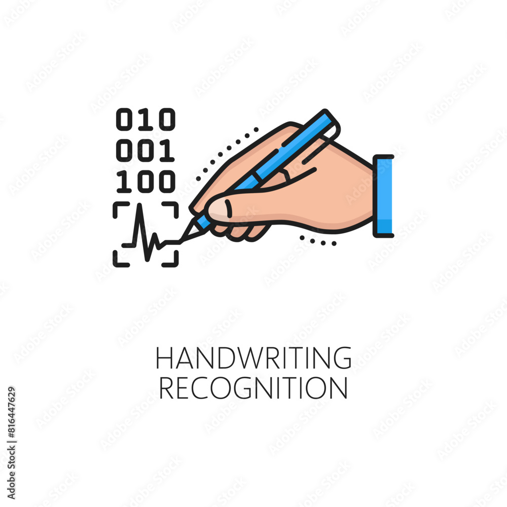 Aufkleber Handwriting recognition icon of biometric identification, identity authentication and verification, line vector. Handwriting recognition technology of digital signature for ID biometric authorization