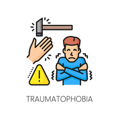 Phobia traumatophobia, fear or injury or trauma, vector line icon for psychology. Mental health disorder or cognitive mind problem, outline color symbol of man with traumatophobia phobia