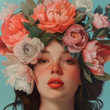 Una chica con labios gruesos y hermosas flores bellas en su cabello