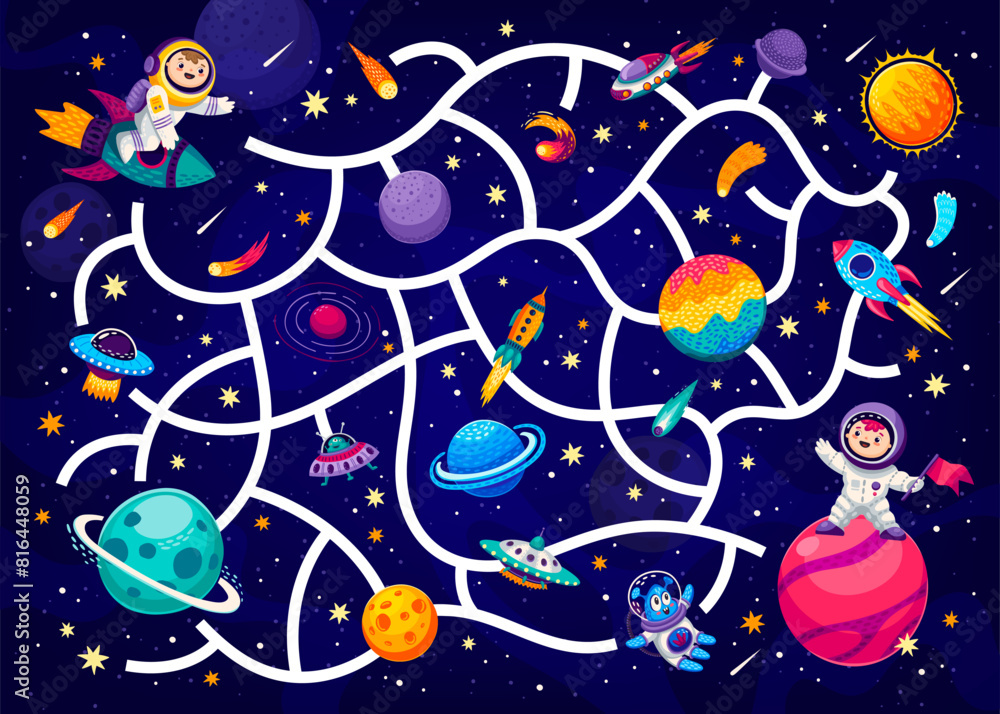 Poster galaxy labyrinth maze game, help to kid astronaut find his friend. labyrinth children vector playing