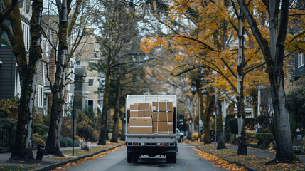 Obraz premium Moving Truck Driving Down Residential Street
