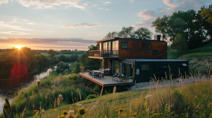 Modern Container House on Hill Overlooking River - Powered by Adobe