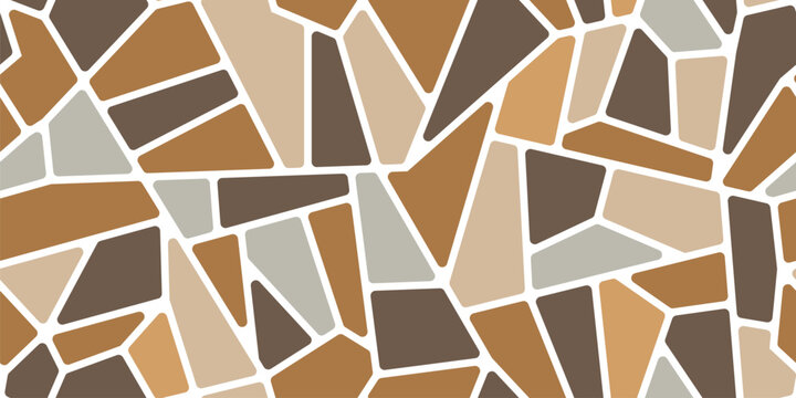 Brown mosaic stone tile pattern, splinter paving floor background. Rock wall, pavement or road sidewalk vector texture with abstract geometric ornament of flagstone slabs, gravel, cobblestone mosaic