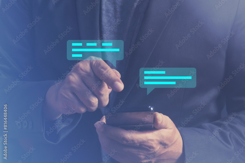 Poster businessman using application chat on smartphone for online marketing. businessmen want to know some