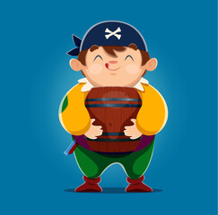 Cartoon kid boy pirate character with wooden barrel. Vector little rover with a joyful licking face expression, dressed in a colorful costume, holding a wood cask. Childhood adventure and imagination