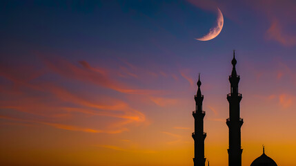 Mosque sunset sky moon holy night islamic night and silhouette mosque islamic wallpaper : Generative AI