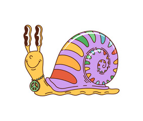 Cartoon retro groovy snail character. Isolated vector colorful, trippy, laid-back cochlea insect with oversized eyes, and colorful spiral shell wearing peace symbol pendant, cruising with a chill vibe © Vector Tradition