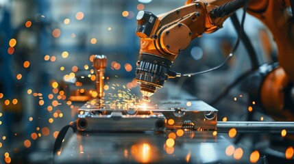Close-up shot focusing on a robotic arm performing detailed welding work, showcasing advanced technology in automated manufacturing