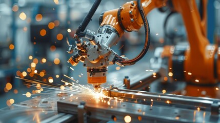 Close-up shot focusing on a robotic arm performing detailed welding work, showcasing advanced technology in automated manufacturing